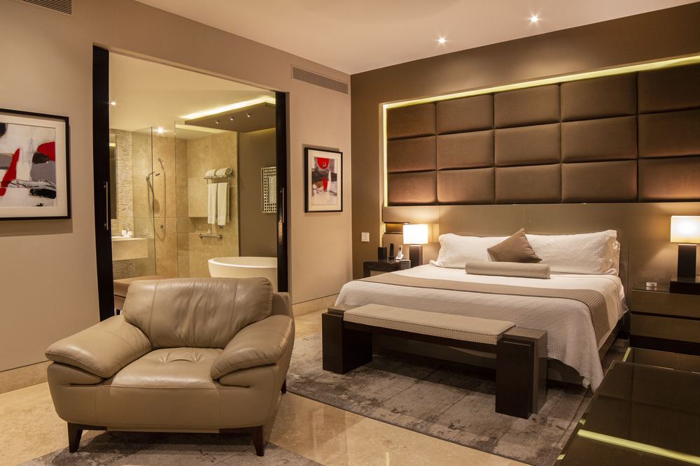 Master bedroom and bath, evening view