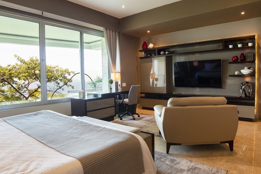 Master bedroom entertainment center with view